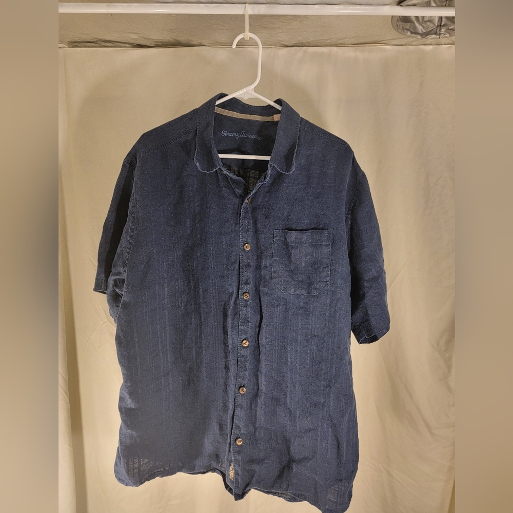 TOMMY BAHAMA 100% Linen Men's XL Button‎ Down Shirt Dark Blue Short Sleeve